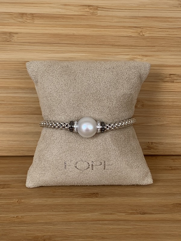 FOPE bracelet extensible Flex'It Solo en or 18 cts, avec perle blanche, diamants blancs et noirs 642B BTHM